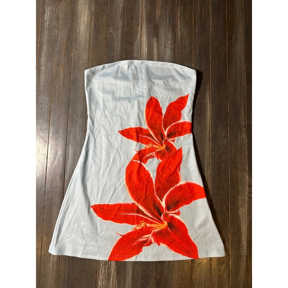 Blue Strapless Floral Mini Dress Red Lily Tropical Tube Bodycon Summer Sun Dress